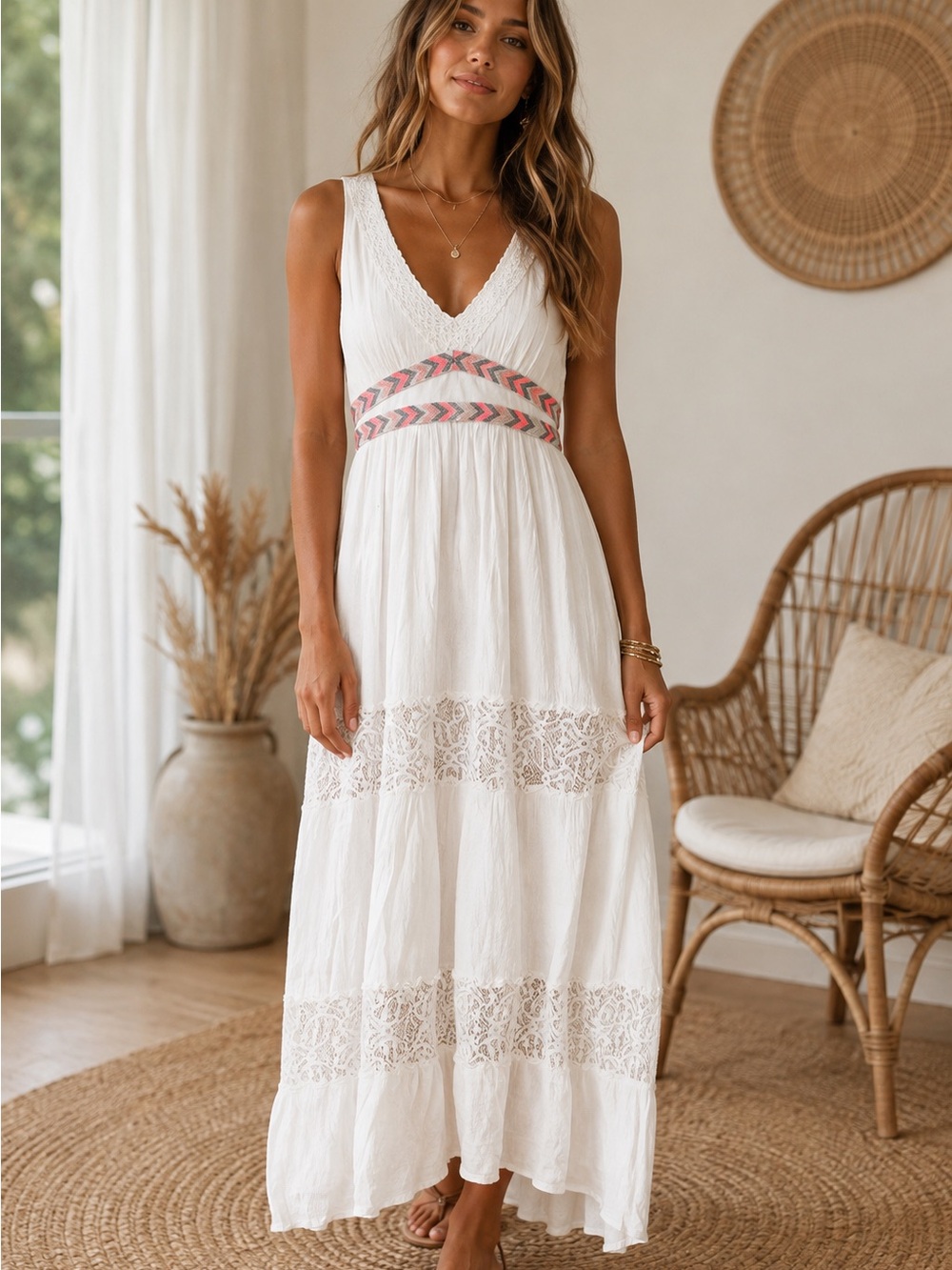 Flying Tomato White Maxi Dress with Pink & Gray Embroidered Waist